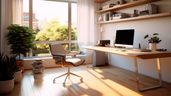 Ruang kerja dengan tata letak ergonomis dan cahaya alami